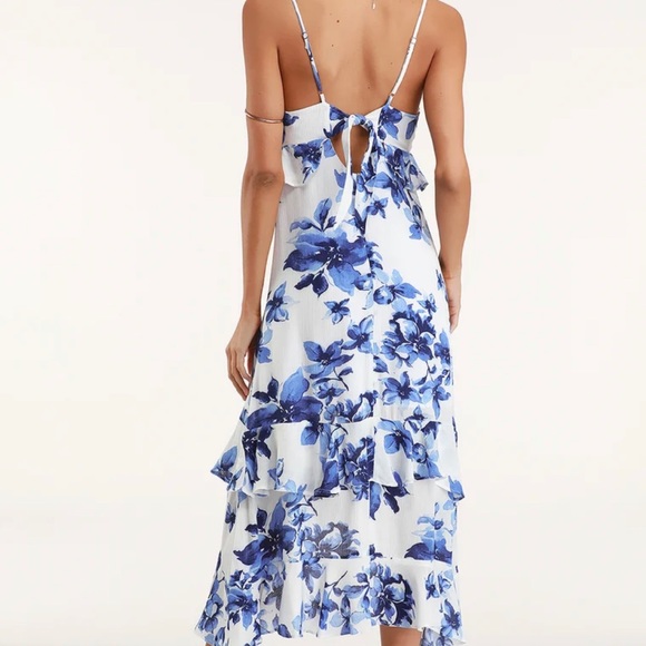 Blue and white floral ruffle midi dress. - Picture 2 of 2